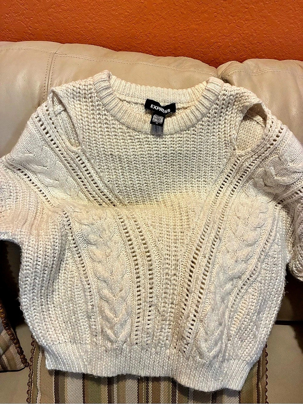 Express Cold Shoulder Cable Knit Sweater Cream Small